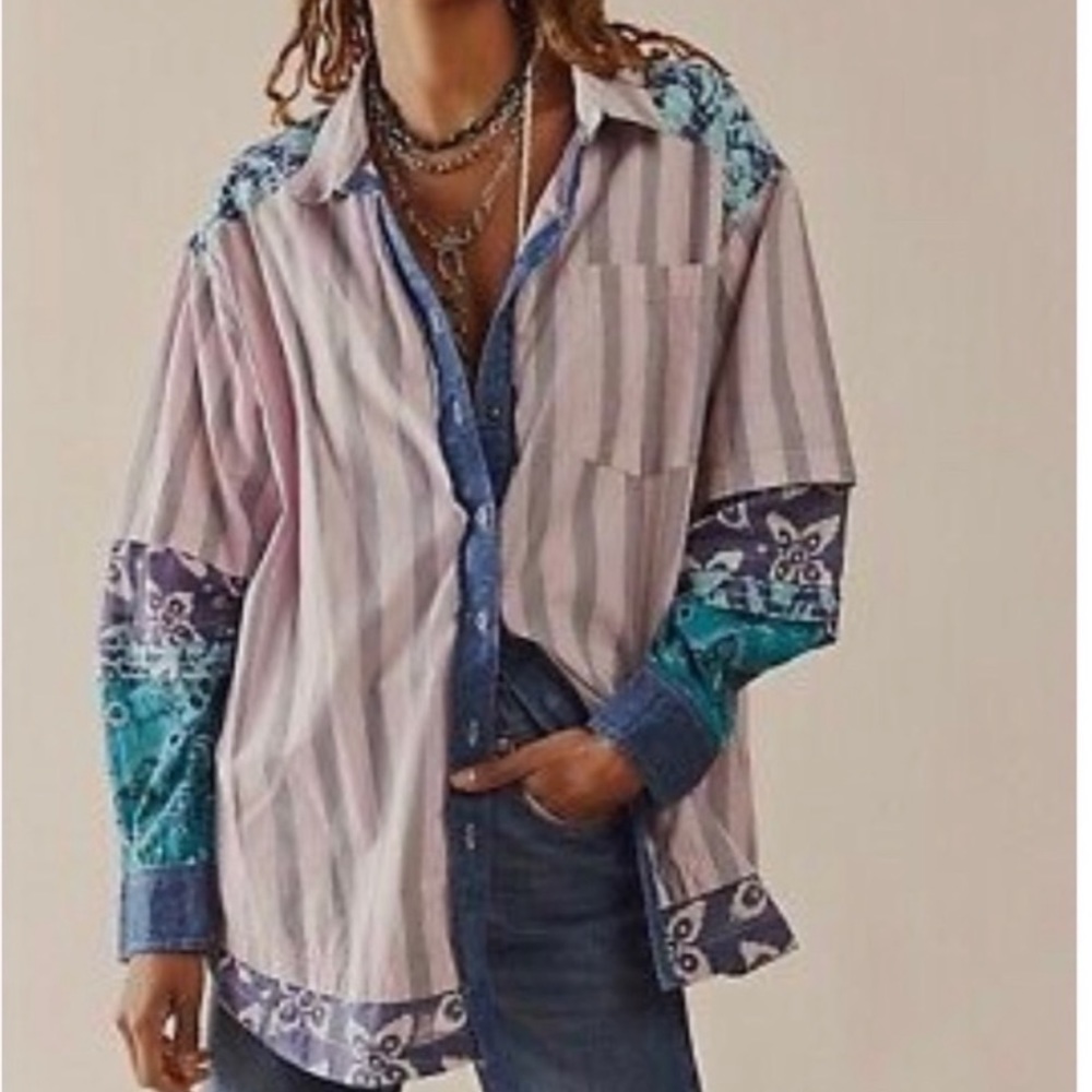 Free People Wild Dunes Oversized Stripe Button Down Shirt